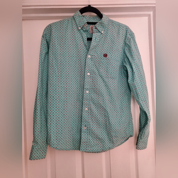 Cinch Jeans Youth XL/14 Teal Patterned Button Down Shirt - Picture 1 of 4